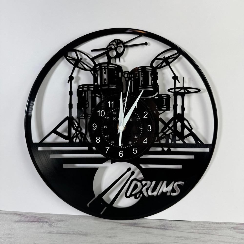 Vintage Vinyl Record Wall Clock Drum Set Silhouette Music Room Decor 12" EUC